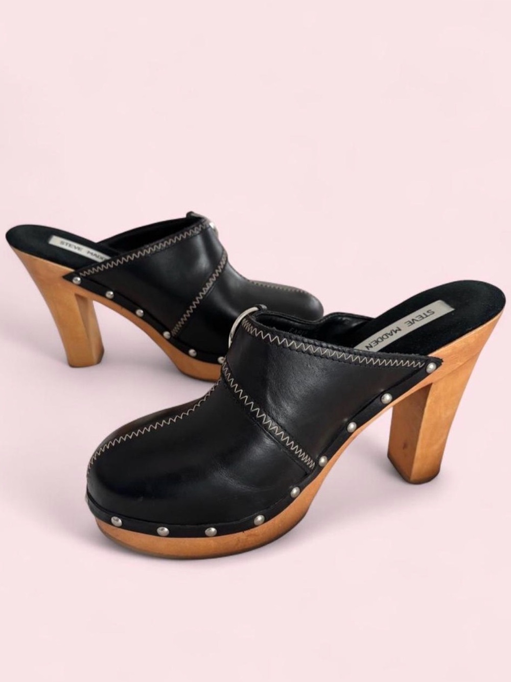 Steve Madden Black Leather Clog Mules with Wood Heel